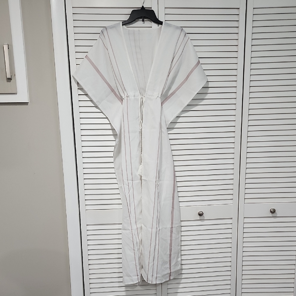 White W/ Tan Accent Stripes Kaftan Beach Cover-up with Drawstring & Tassels